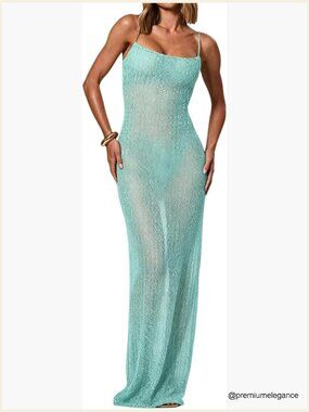 Women's Sequin Mesh Cami Dress Sleeveless Fishtail Maxi Long Dress